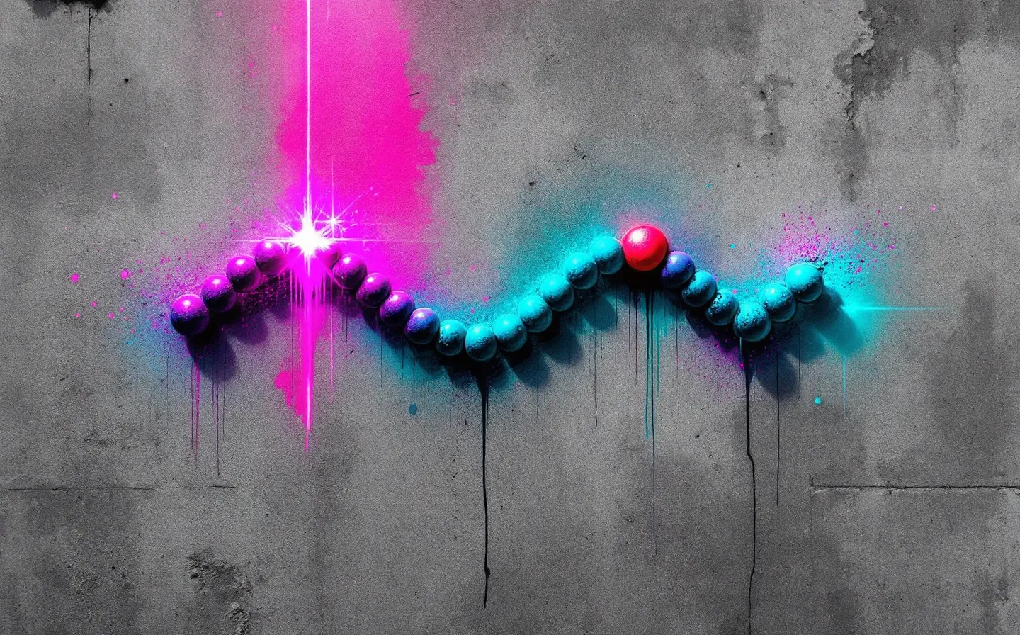 A hard-edged deep-sky-blue spray-stencil of a folded 29-bead peptide chain with an acid-green terminal node, on a raw charcoal-concrete ground with spray-spatter texture and exposed grid-ticks